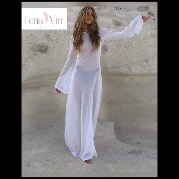 Luxury Palm Desert Semi Sheer Long Maxi Dress, Summer Bikini Bell Sleeve Coverup - Picture 7 of 7